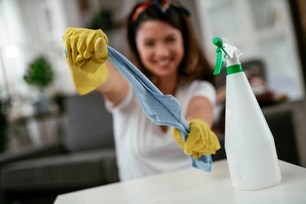 Happy beautiful woman enjoying in cleaning home