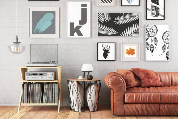 Modern living room interior with sofa and beautiful wall arts.
