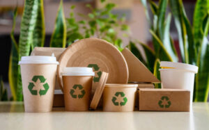 Paper eco-friendly disposable tableware with recycling signs on the background of green plants. Zero-waste initiatives.