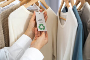 Zero-Waste Fashion Concept. Female hands hold a label from white knitted clothing, on which it says 100% recycle fabric and a recycling sign.