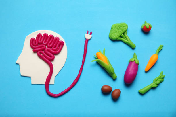 Plasticine figure of man and Vegan Brain Foods. Food for mind, charge of energy. Healthy lifestyle, detoxification and antioxidants.